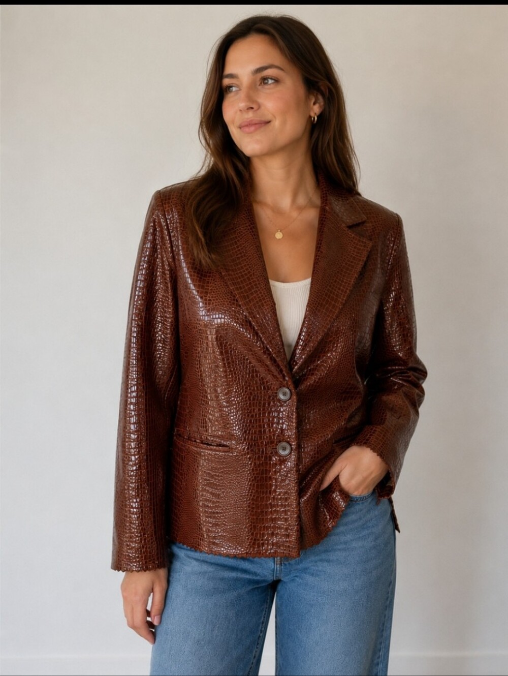 Bradley Bayou Brown Croc Embossed Leather Blazer Jacket XL Y2K Luxe Western